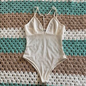 Cream Mesh 1pc Ring Neck Strap Bodysuit Womans sz Small